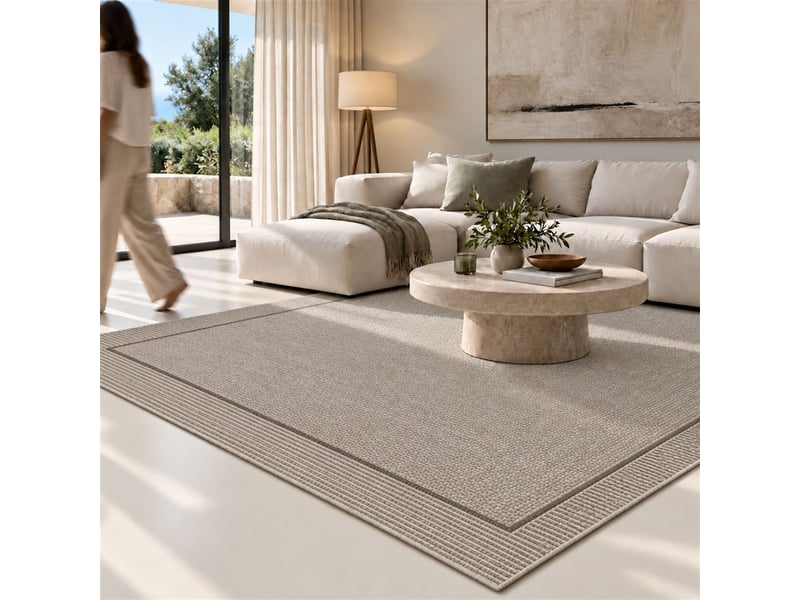  The white stone tapis extérieur avec bordure 140x200 cm gris | pour intérieur et extérieur, résistant aux uv et à l'eau, lavable | tapis en polypropylène tissé à plat effet sisal  - Conforama E