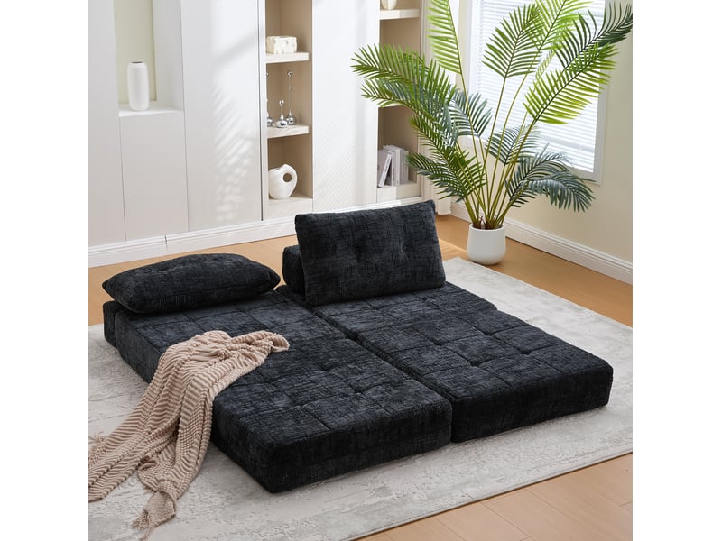 Fauteuil convertible pliant avec fonction couchage, dossier et coussins, gain de place, en tissu noir 79 × 79 × 57 cm - Conforama B