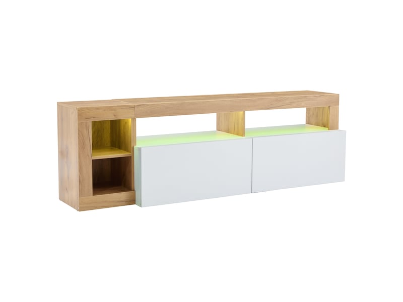 Meuble tv moderne blanc et bois avec éclairage led, meuble tv pour téléviseur jusqu'à 80 pouces, rangements ouverts et fermés - Conforama A