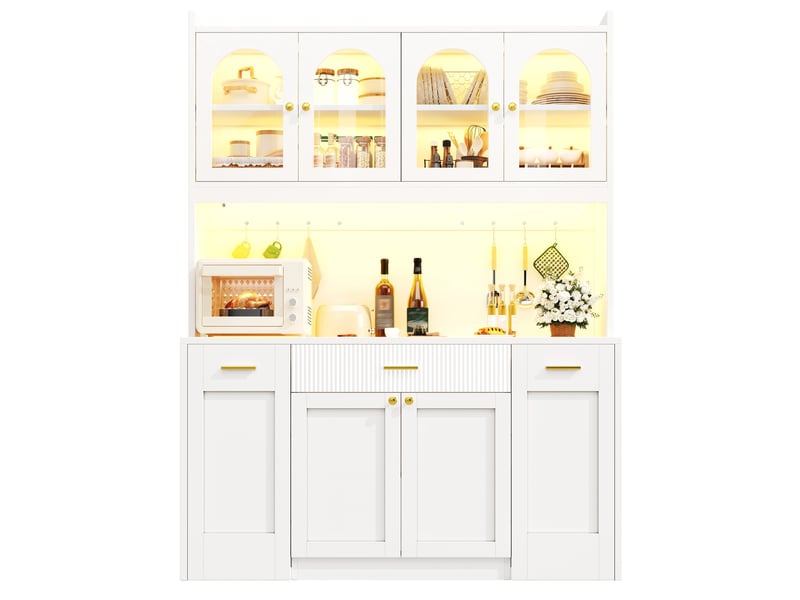 Armoire haute blanche 120cm, led rgb, contrôle app, 3 vitrines verre, tiroirs, plateaux roulants 2 côtés, cuisine & salle à manger - Conforama A
