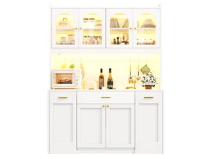 Armoire haute blanche 120cm, led rgb, contrôle app, 3 vitrines verre, tiroirs, plateaux roulants 2 côtés, cuisine & salle à manger