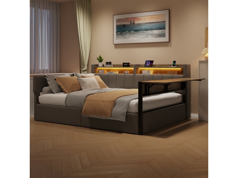  Lit de jour 140x200 cm rembourré velours gris avec rangement hydraulique, éclairage led, table pliante et port usb Morn Vibe - Conforama C