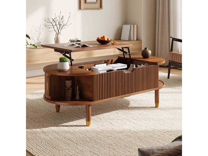 Table basse ovale relevable hydraulique 110x48x57 cm, plateau ajustable avec rangement, 2 portes coulissantes rainurées, mdf effet noyer - Conforama D