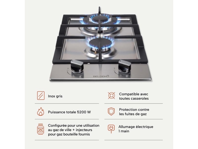  Beldeko plaque de cuisson gaz domino 2 feux inox 30 cm - grilles en fonte, 5200 w - gaz de ville et bouteille - marque française  - Conforama E