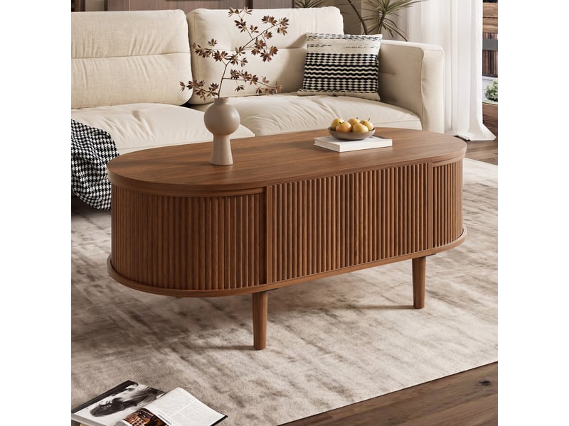  Table basse ovale relevable avec rangement compartimenté, effet ondulé, plateau réglable, table d’appoint multifonction, mdf, pieds pin massif, noyer OPULERANE TRADING LTD - Conforama D