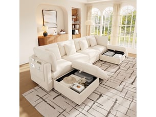 Canapé d'angle panoramique fixe <strong></strong> <strong></strong> 6 places Tissu beige avec coffre de rangement