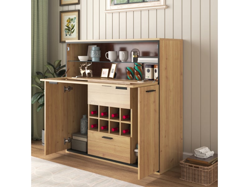  Buffet, élégante cave à vin avec double porte, étagère en verre et support à bouteilles - rangement parfait dans un buffet élégant  - Conforama E
