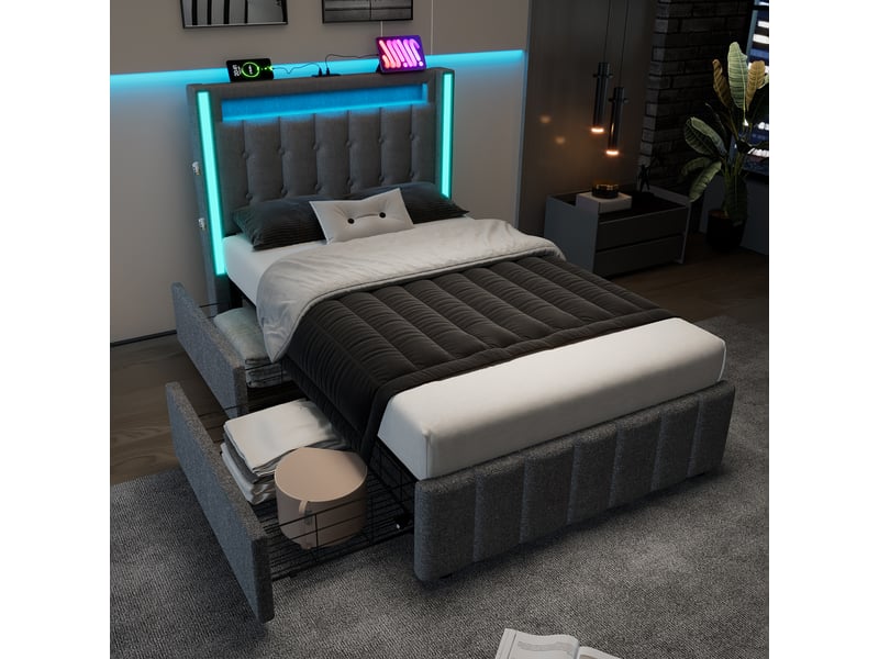  Lit rembourré 90x200cm avec usb-c, led et 2 tiroirs, lit simple sans matelas, gris, cadre en lin solide  - Conforama D