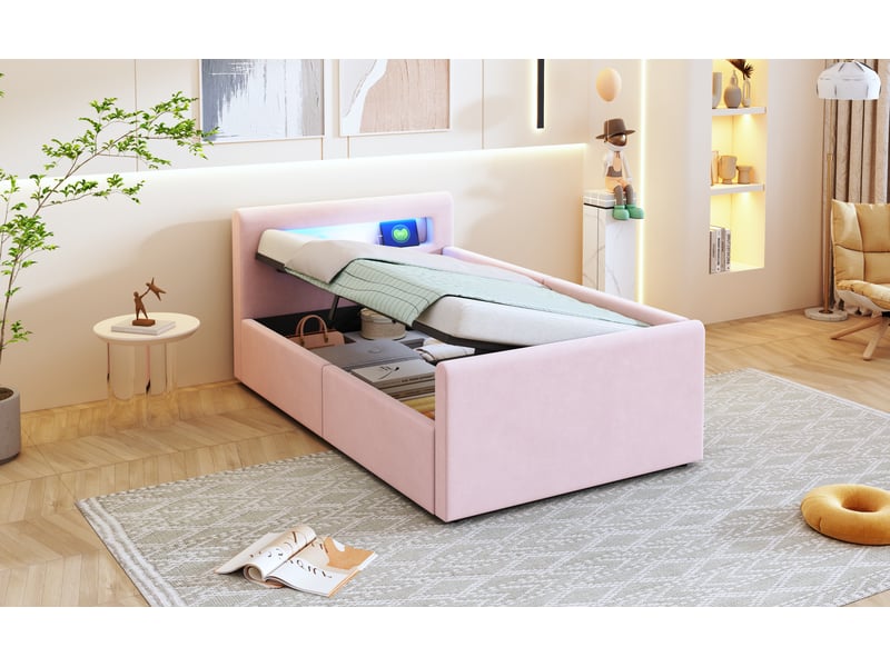 Lit enfant 90x200 cm rose velours avec led lumière de nuit port usb rangement hydraulique et étagère Sol Morn - Conforama E