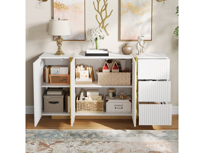  Lit enfant banquette 140x200 cm blanc en bois avec éclairage led, ports usb, tiroirs, tête de lit rembourrée pu, étagères et placards  - Conforama E