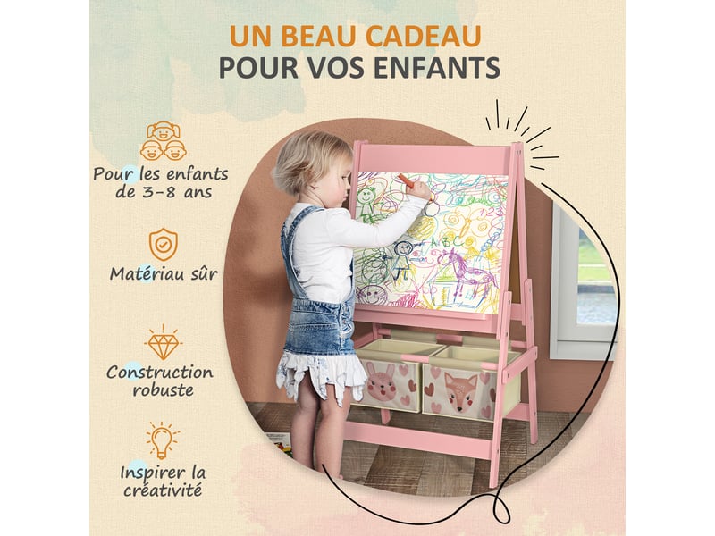  Tableau chevalet enfant ardoise double face tableau à craie rouleau papier 2 paniers rose 54 x 46,5 x 93 cm  - Conforama R