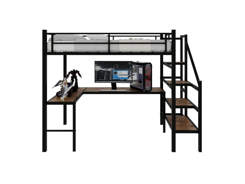  Lit mezzanine 90×190 cm avec bureau en l, escalier intégré, étagères de rangement, garde-corps continu  - Conforama A
