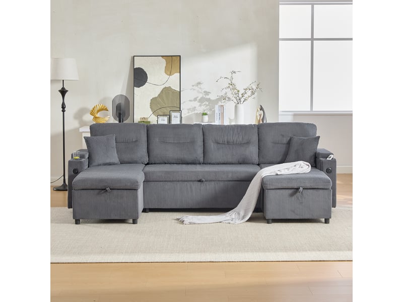  Canapé d'angle convertible 4 places – canapé-lit en velours côtelé avec double méridienne, coffre de rangement, tiroir-lit, porte-gobelets, usb type-c – gris anthracite  - Conforama E