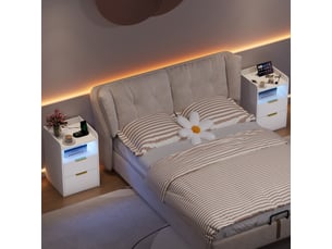 Table de chevet nordique minimaliste blanche 60×40×40 cm, 2 tiroirs avec tiroir caché, éclairage led rgb, station de charge avec prises secteur, usb‑a et usb‑c, compartiment de rangement ouvert