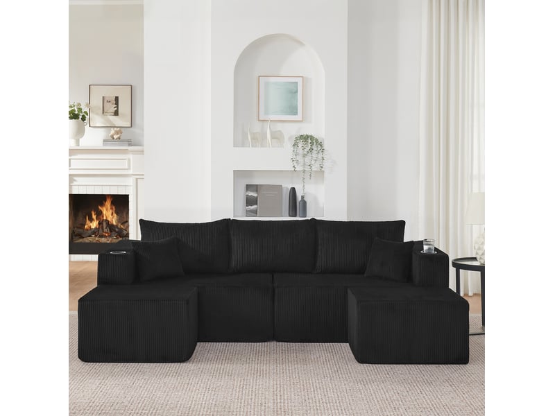  Canapé d'angle modulaire 3 places avec deux poufs mobiles, porte-gobelets et poches latérales en velours côtelé noir  - Conforama E