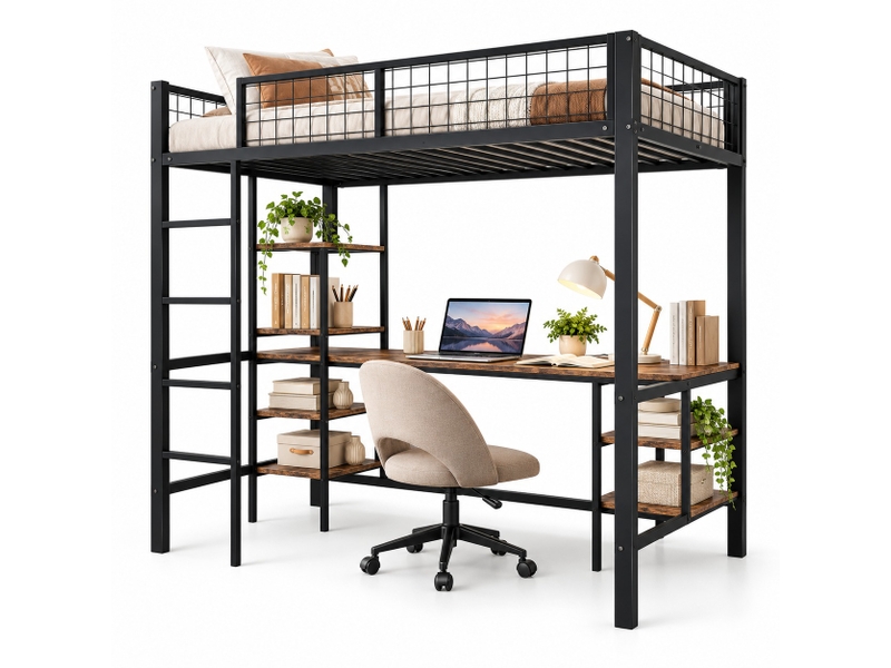  Lit mezzanine enfant 90 × 200 cm avec bureau, étagères, échelle 4 marches et garde-corps, métal et bois foncé, noir  - Conforama A