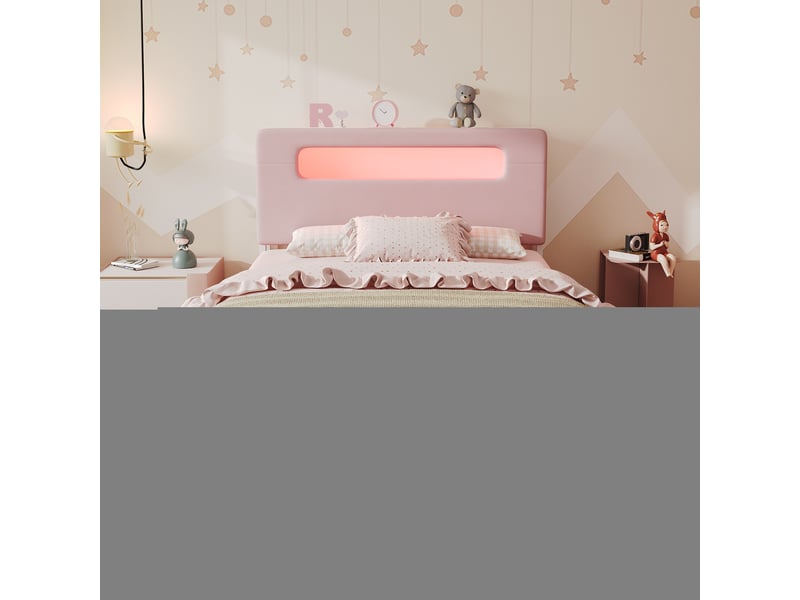  Lit rembourré 140 × 200 cm 2 places avec 4 tiroirs, rangement ouvert, led réglable par application, sans matelas, rose  - Conforama B