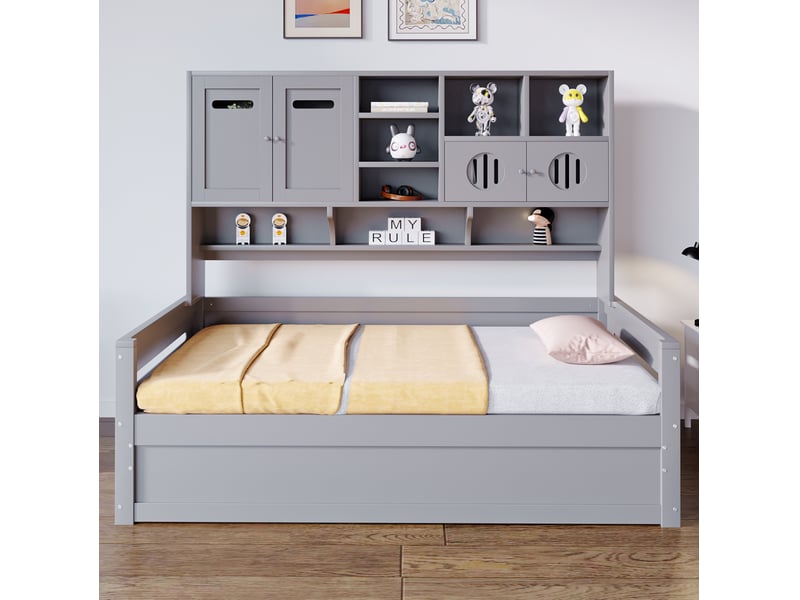  Modenvie lit banquette coffre 90x200 cm - rangement hydraulique, étagères intégrées - sans matelas, gris  - Conforama D