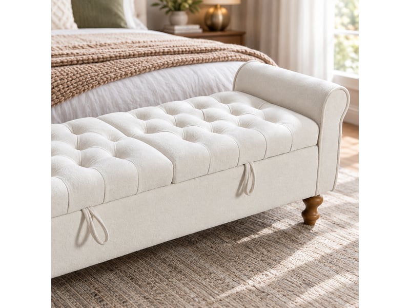  Banquette convertible en velours greige 156 x 46 x 51 cm, 2 couvercles rangement,avec accoudoirs roulés  - Conforama D