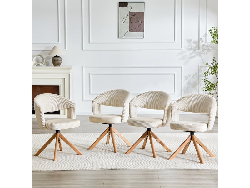  Lot de 2 chaises rotatives 81, 5 cm, pivotement à 360°, dossier arrondi, pour salle à manger, tissu velours côtelé, blanc+bois  - Conforama B
