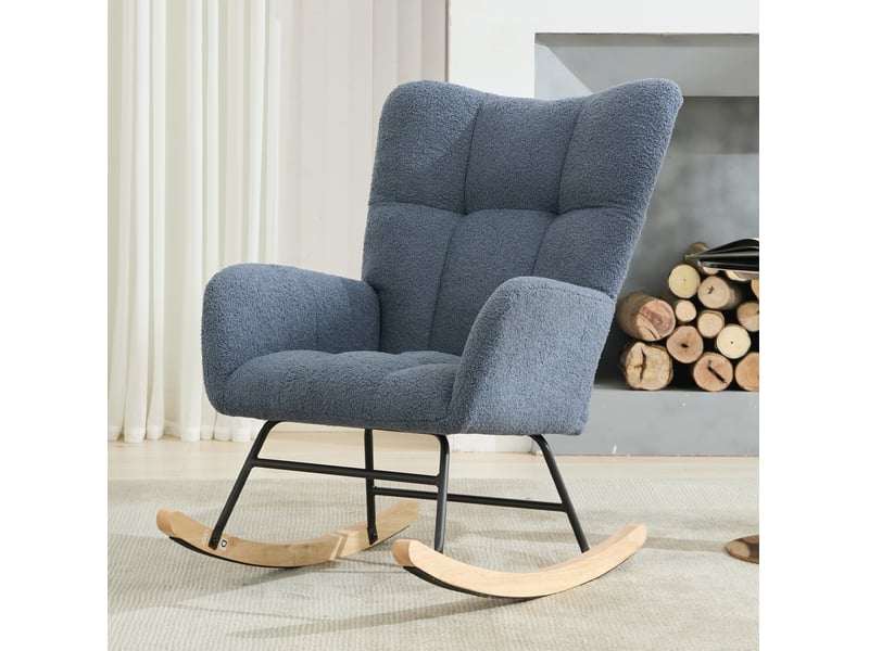  Fauteuil à bascule ergonomique avec accoudoirs, dossier enveloppant et poche latérale, en tissu bouclette bleu marine  - Conforama B
