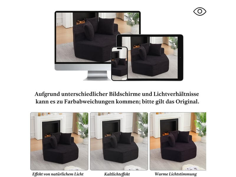  Fauteuil pouf modulable hexagonal avec trois coussins et dessous antidérapant en tissu bouclette noir  - Conforama E
