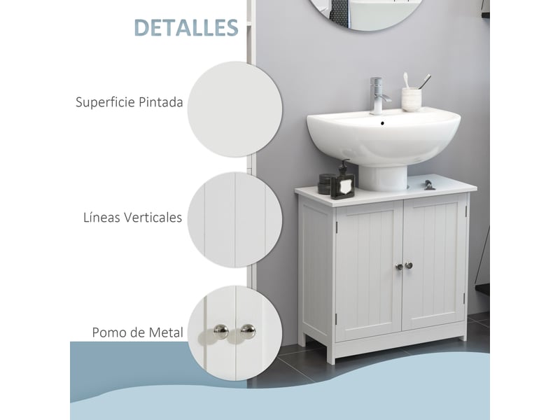  Meuble sous lavabo blanc, 2 portes, étagère réglable, découpe pour siphon, 60 x 30 x 60 cm  - Conforama W
