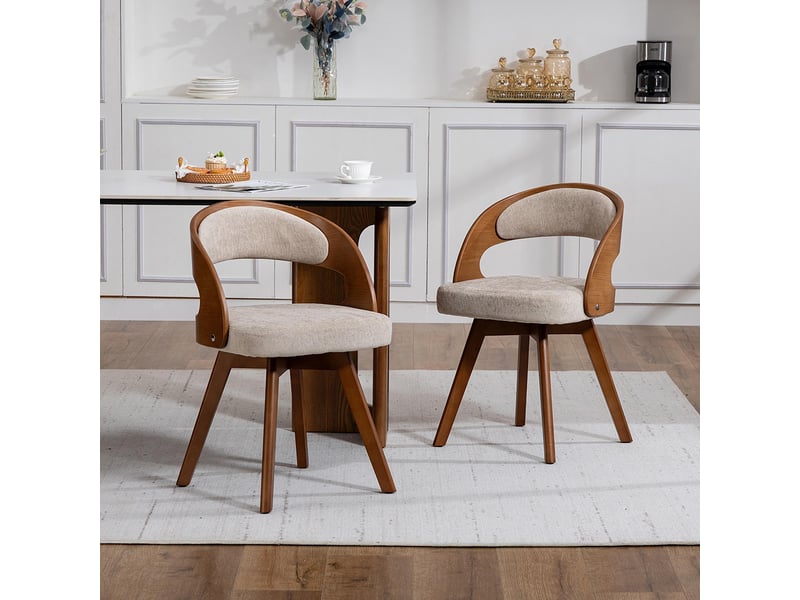 Chaise salle à manger pivotante bois moderne coussin coton lin dossier incurvé kaki  - Conforama D