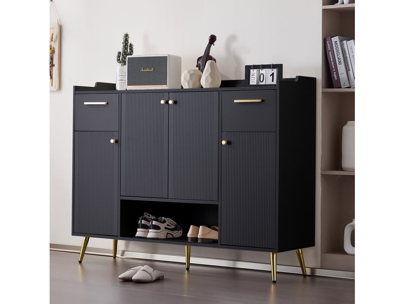 Meuble à chaussures 130x37x100 cm avec 2 tiroirs et 4 portes, noir  - Conforama D