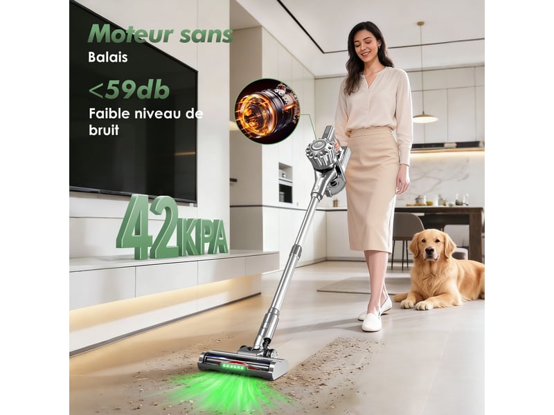  Aspirateur balai auto-portant puissant sans fil42kpa, 60 min d'autonomie, 2 vitesses, 6 en 1, capacité 1,6l, lumière verte  - Conforama B