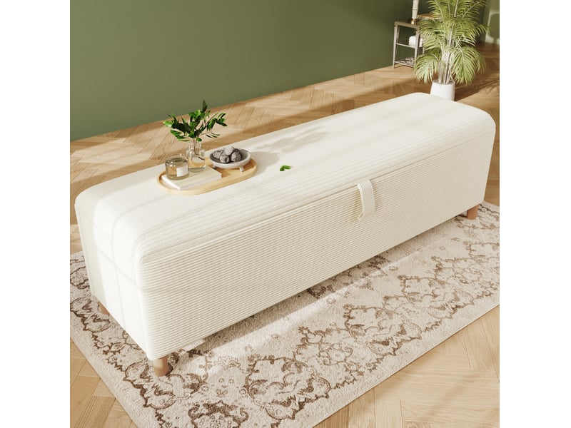  Banc de lit 145x38x46 cm, rangement hydraulique, assise rembourrée, velours côtelé beige, chambre, salon, entrée  - Conforama E