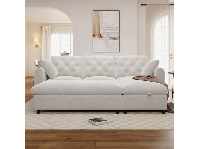  Canapé d’angle beige en flanelle et polyester, 219 × 131 × 86 cm, avec rangement et méridienne réversible  - Conforama D