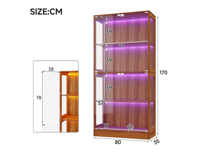 Vitrine pour figurines avec éclairage led multicolore, 80 x 35 x 170 cm, mdf et verre, noyer - Conforama C