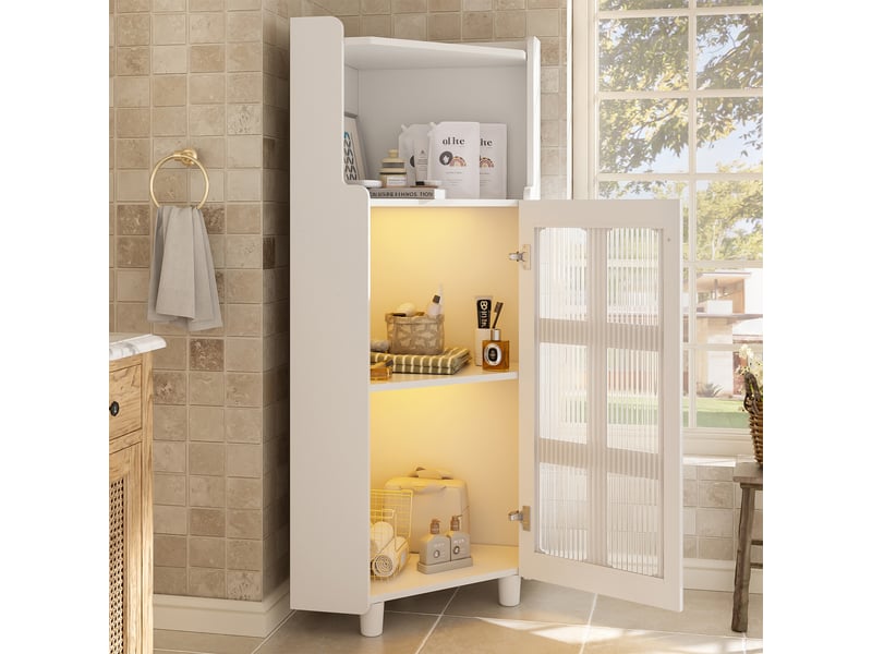  Armoire d'angle 63,5x45x124cm gain de place, led éclairage pilotable, pour salon, bibliothèque, salle de bain mdf blanc  - Conforama D