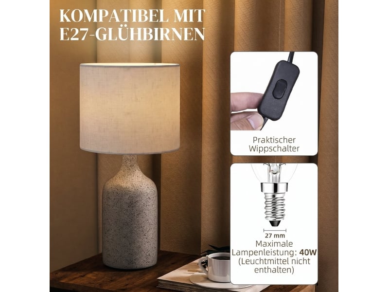  Lampe de table 22x22x45 cm beige et sable en céramique, abat-jour beige avec interrupteur pour chevet  - Conforama E