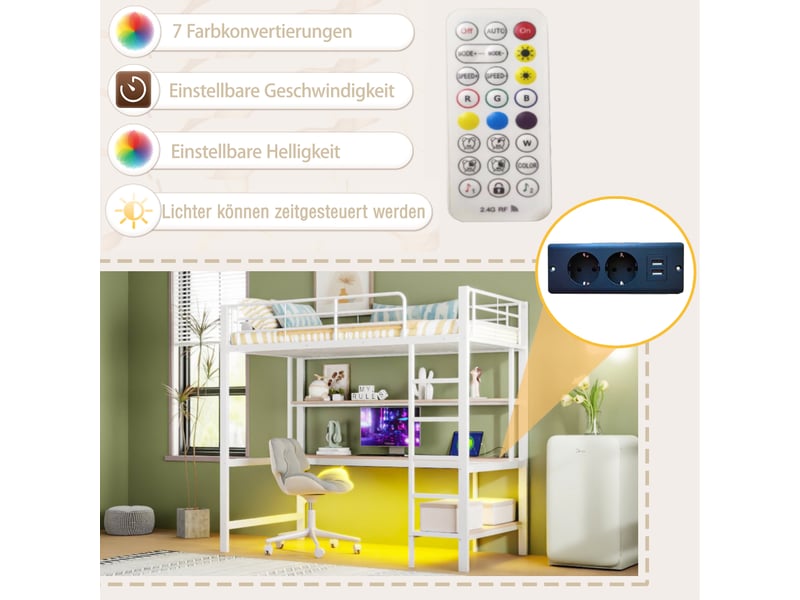Lit mezzanine enfant 90x200 cm avec led, prise, table, étagère, garde-corps et sommier, métal, blanc, sans matelas - Conforama E