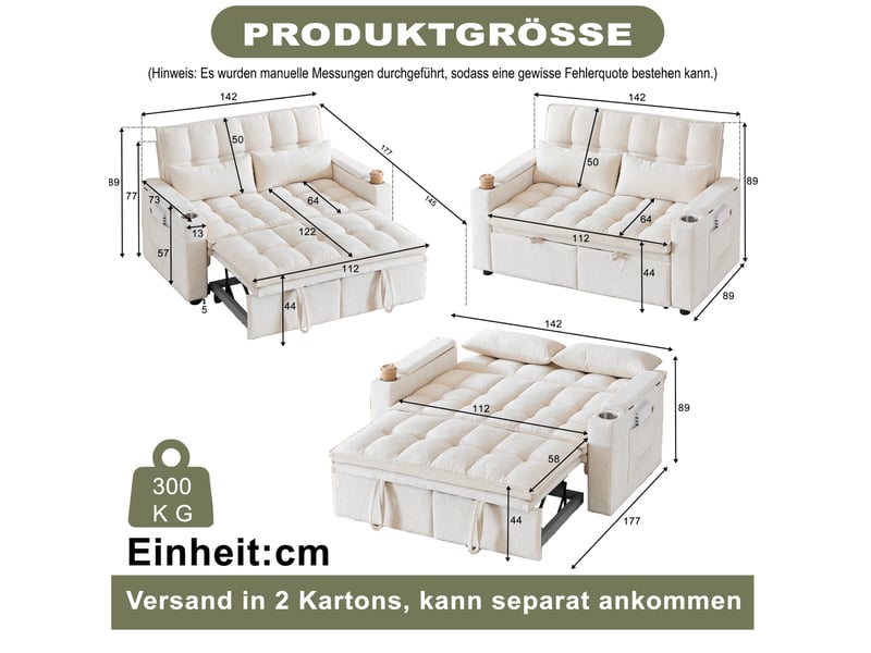  Canapé convertible 3 en 1 142 x 89 x 89 cm beige en chenille, rangements, poches et porte-gobelets  - Conforama C