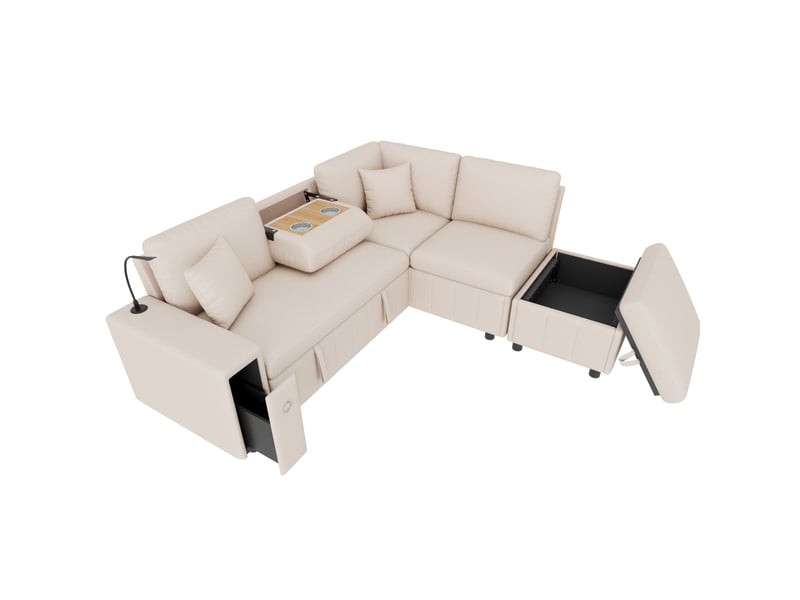 Canapé d'angle 213x184x88cm, table rabattable, ports usb, lampe de lecture, pouf, meuble de salon, matière lin, beige - Conforama A