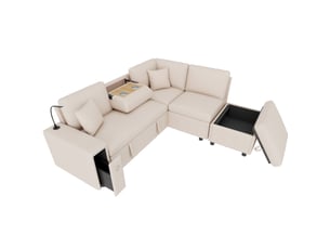 Canapé d'angle droit fixe OKWISH  4 places Tissu beige avec coffre de rangement