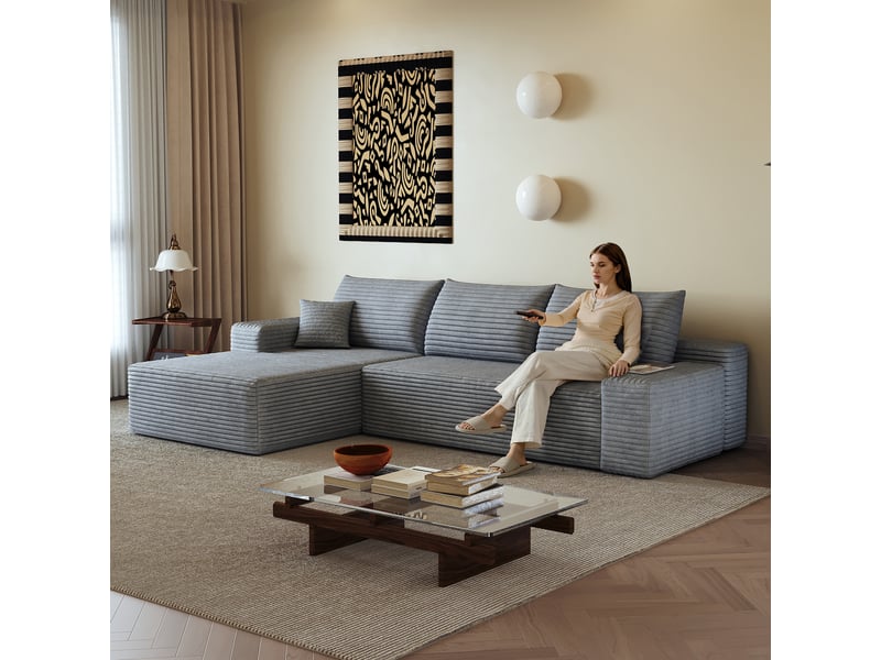 Canapé d'angle gris 270 cm, canapé modulaire en l assise profonde, sans montage pour salon - Conforama E
