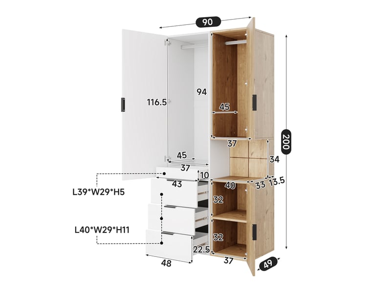  Armoire penderie de chambre 90x49x200cm, garde-robe moderne avec led et tiroir à bijoux, mdf scandinave 2 tringles et 4 tiroirs, blanc et bois  - Conforama E