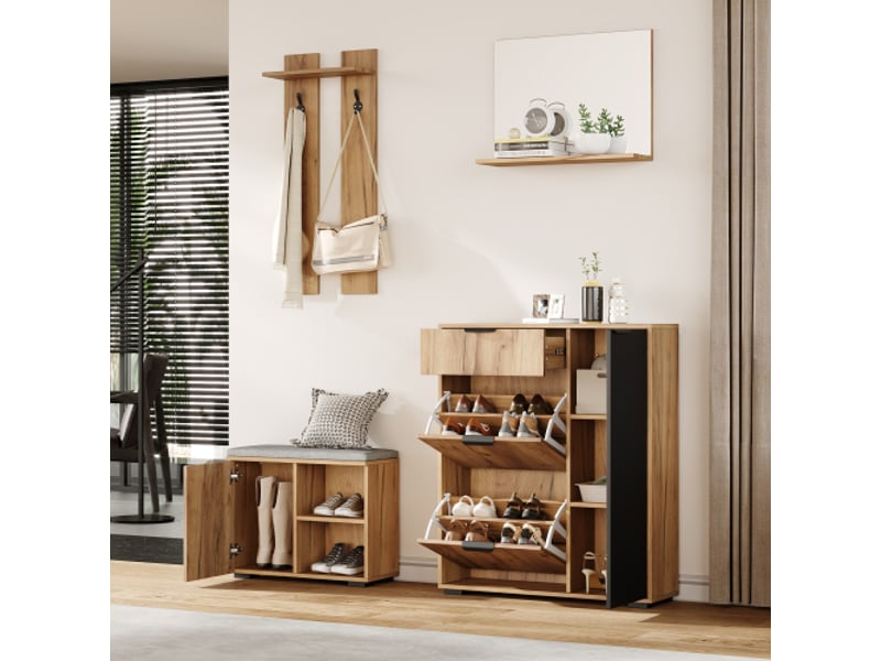  Entrée murale porte-manteaux avec banc et rangement chaussures - miroir, 4 portes, bois naturel et noir, 140×35×139 cm  - Conforama D