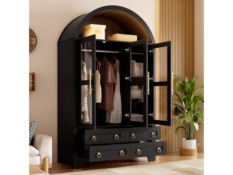  Armoire à 3 portes vitrées et 4 tiroirs, 110 x 50 x 186 cm, avec éclairage led, tringle intégrée et étagères, couleur noir  - Conforama D