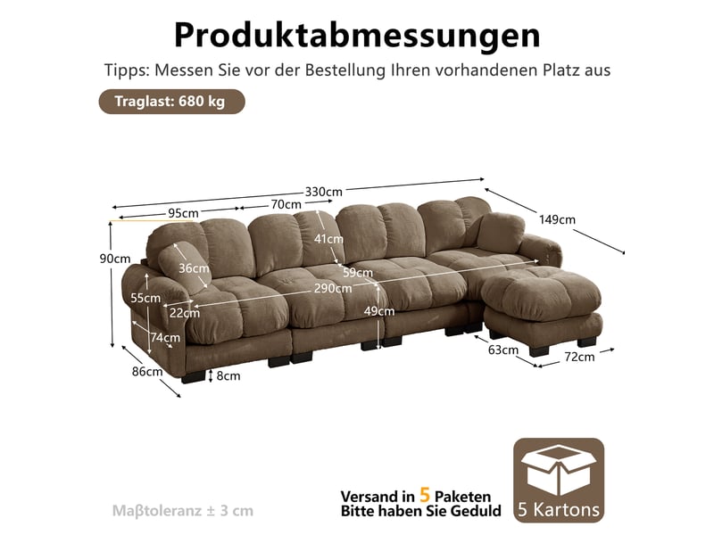 Canapé d’angle modulable 4 places avec ottomane mobile - lpospi - dossier ergonomique chenille marron - Conforama D