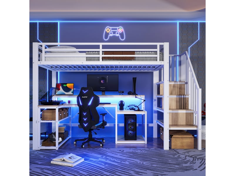 Lit mezzanine avec bureau, escalier rangement, led et usb, métal blanc, 90x200 cm, sans matelas - Conforama B