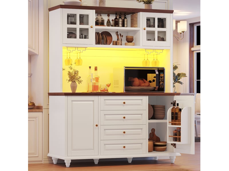 Buffet de cuisine haut avec étagères à led, 4 tiroirs et porte-verres pour cuisine, blanc, 140 × 40 × 179,5 cm - Conforama B