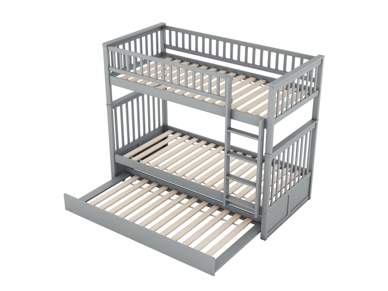  Lit superposé en pin gris 90 x 200 cm avec lit gigogne 90 x 190 cm pour 3 couchages, lits séparables et échelle  - Conforama A