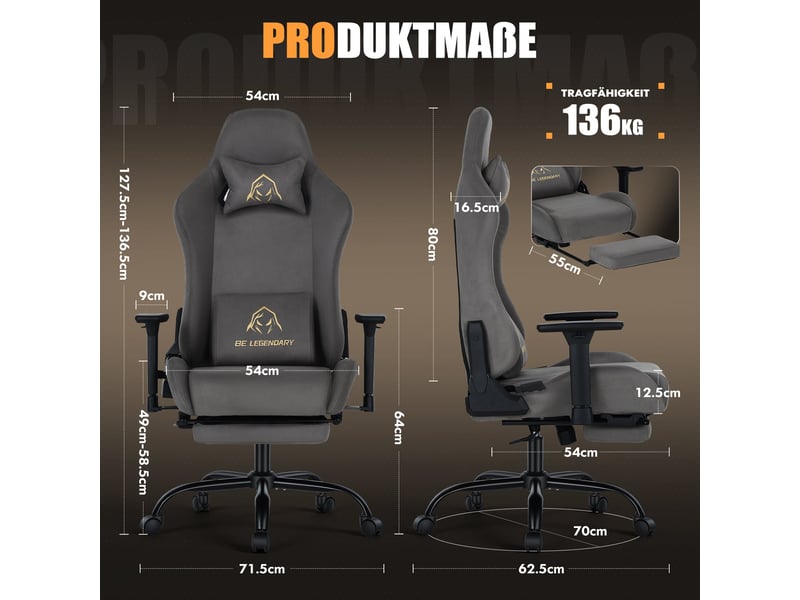  Chaise gaming ergonomique - avec repose-pieds - accoudoirs réglables 4d - dossier inclinable réglable de 90 à 135° - assise à ressorts ensachés - charge maximale 136 kg, gris  - Conforama C
