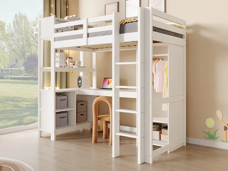 Lit mezzanine,90 x 200 cm,avec étagères, multiples compartiments de rangement, bureau et armoire, blanc - Conforama B