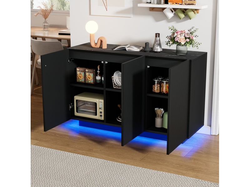  Buffet 120x40x75 cm, led intégré, commande bluetooth, façade à rayures verticales, plateau effet marbre en mdf, noir  - Conforama D